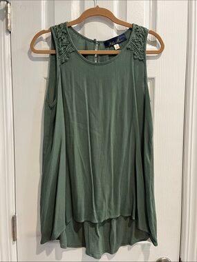 Blue Rain Crochet Shoulder Ruffle-Hem Tank in Sage Green